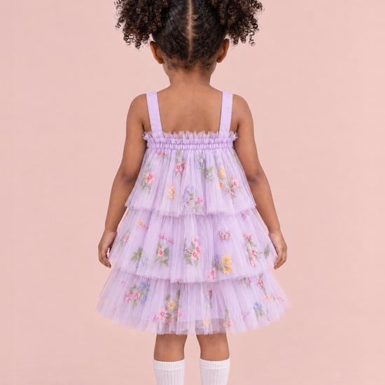 Flutter Lilac Butterfly Flower Girl Dress, back view, plain frilled edge and straps