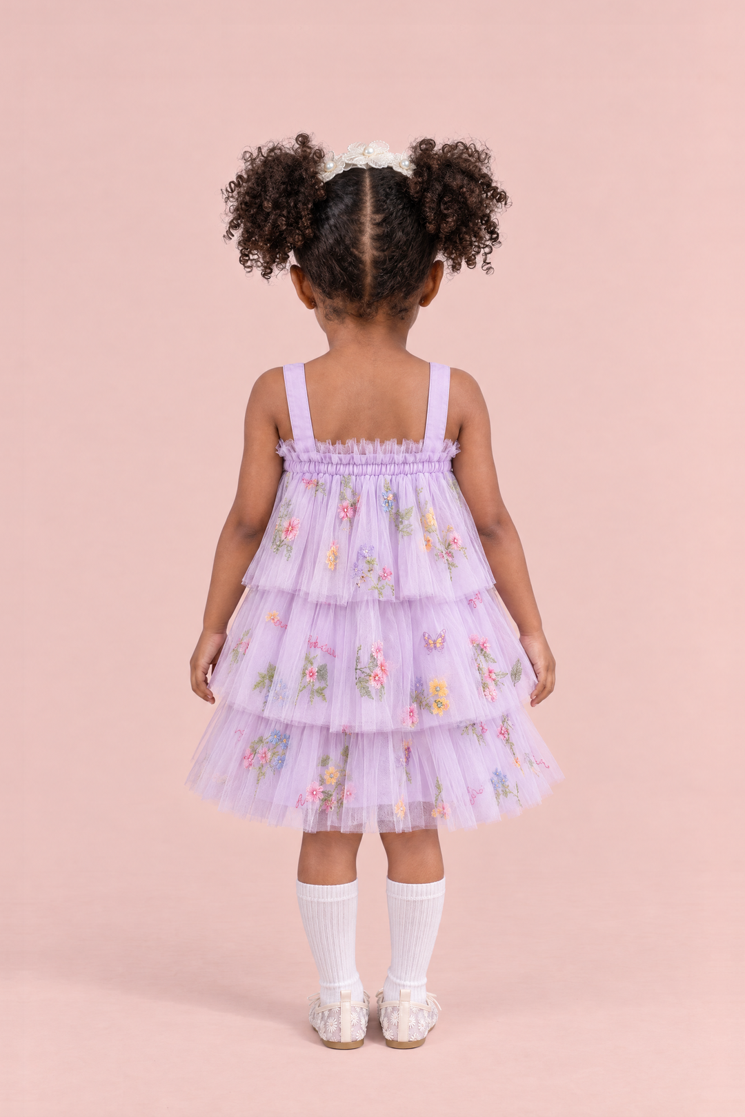 Flutter Lilac Butterfly Flower Girl Dress, back view, plain frilled edge and straps