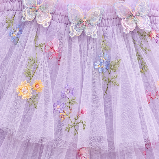 Flutter Lilac Butterfly Flower Girl Dress, organza butterflies, frilled edge and embroidery, close up