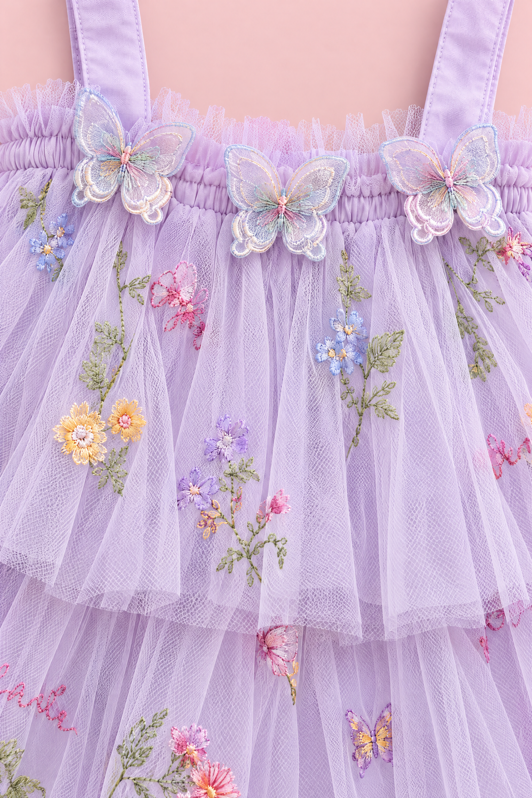 Flutter Lilac Butterfly Flower Girl Dress, organza butterflies, frilled edge and embroidery, close up