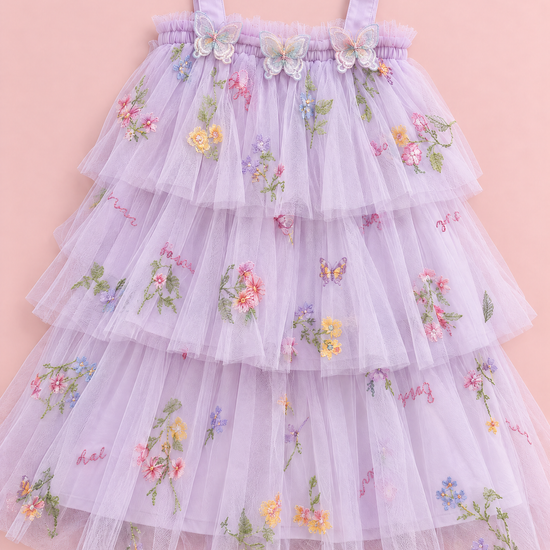 Flutter Lilac Butterfly Flower Girl Dress, flat lay