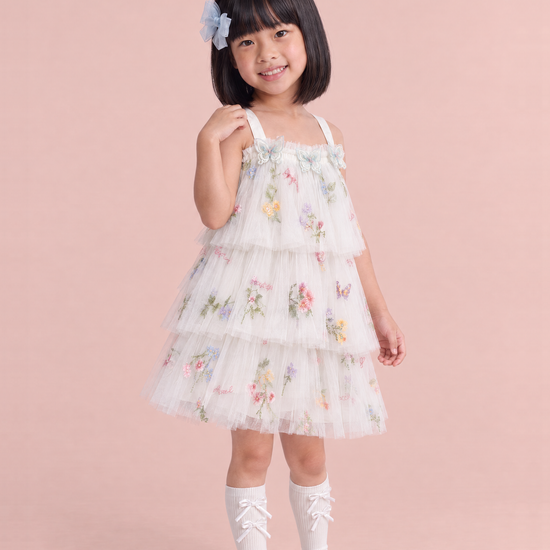 Flutter White Butterfly Flower Girl Dress, three quarter, organza butterflies and tiers