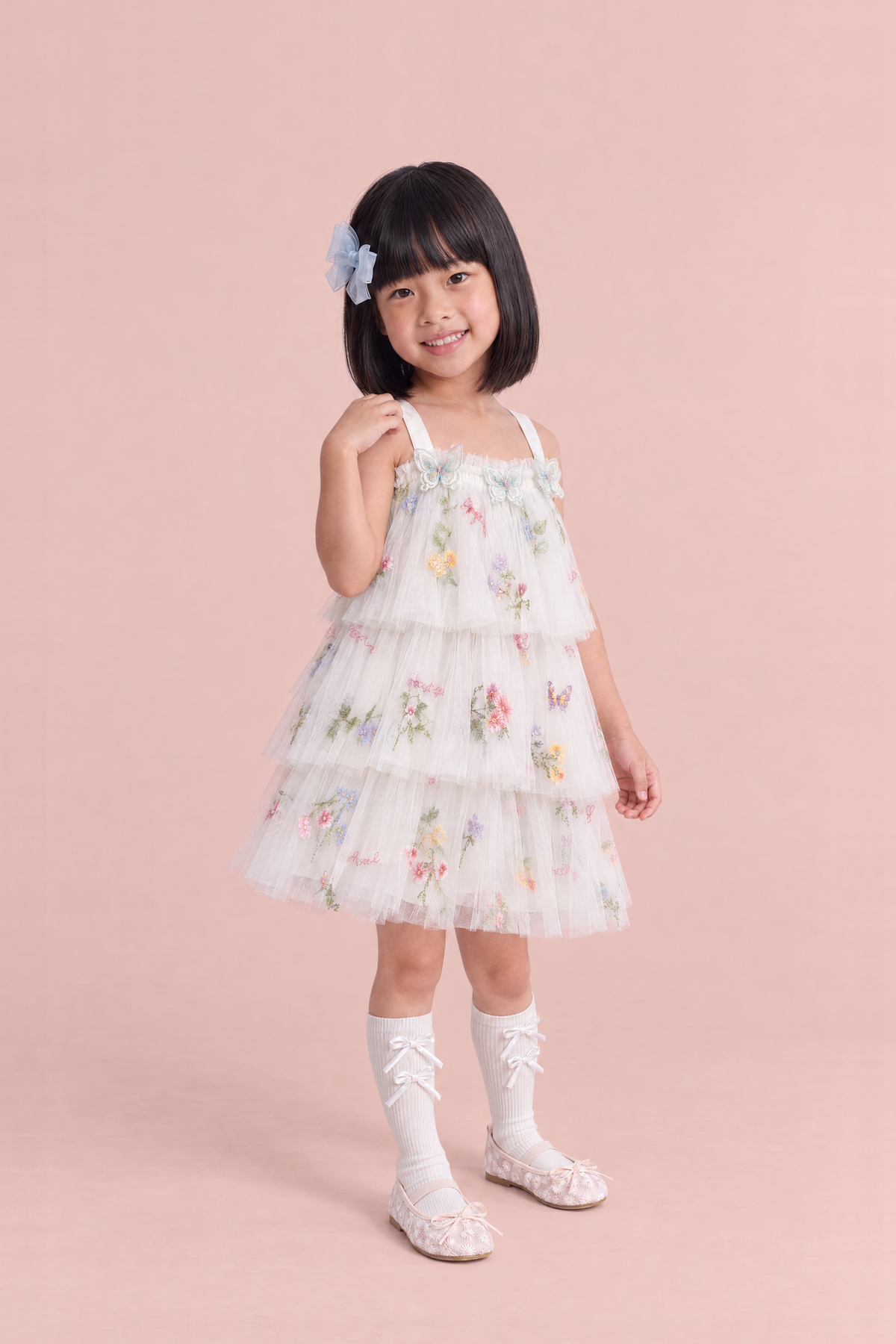 Flutter White Butterfly Flower Girl Dress, three quarter, organza butterflies and tiers
