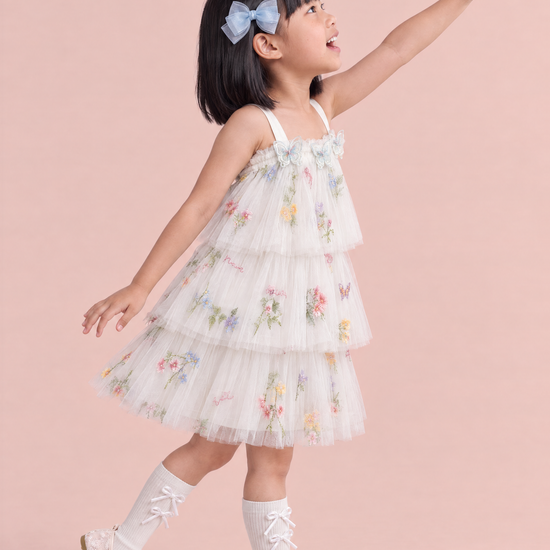 Flutter White Butterfly Flower Girl Dress, side, reaching up