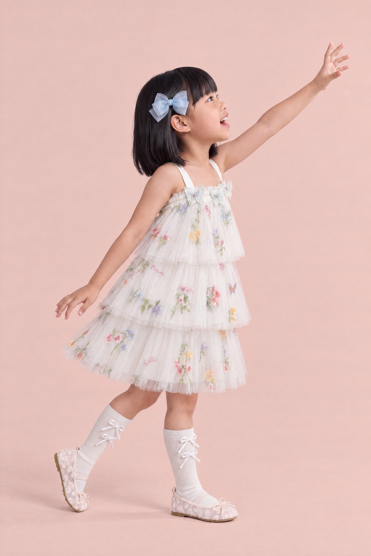 Flutter White Butterfly Flower Girl Dress, side, reaching up