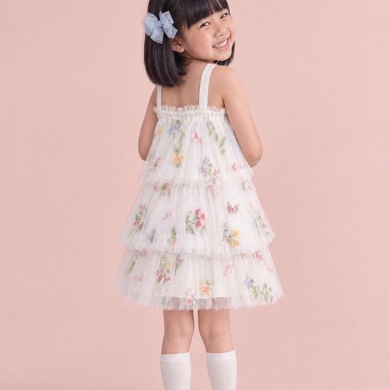 Flutter White Butterfly Flower Girl Dress, back, plain frilled edge and straps