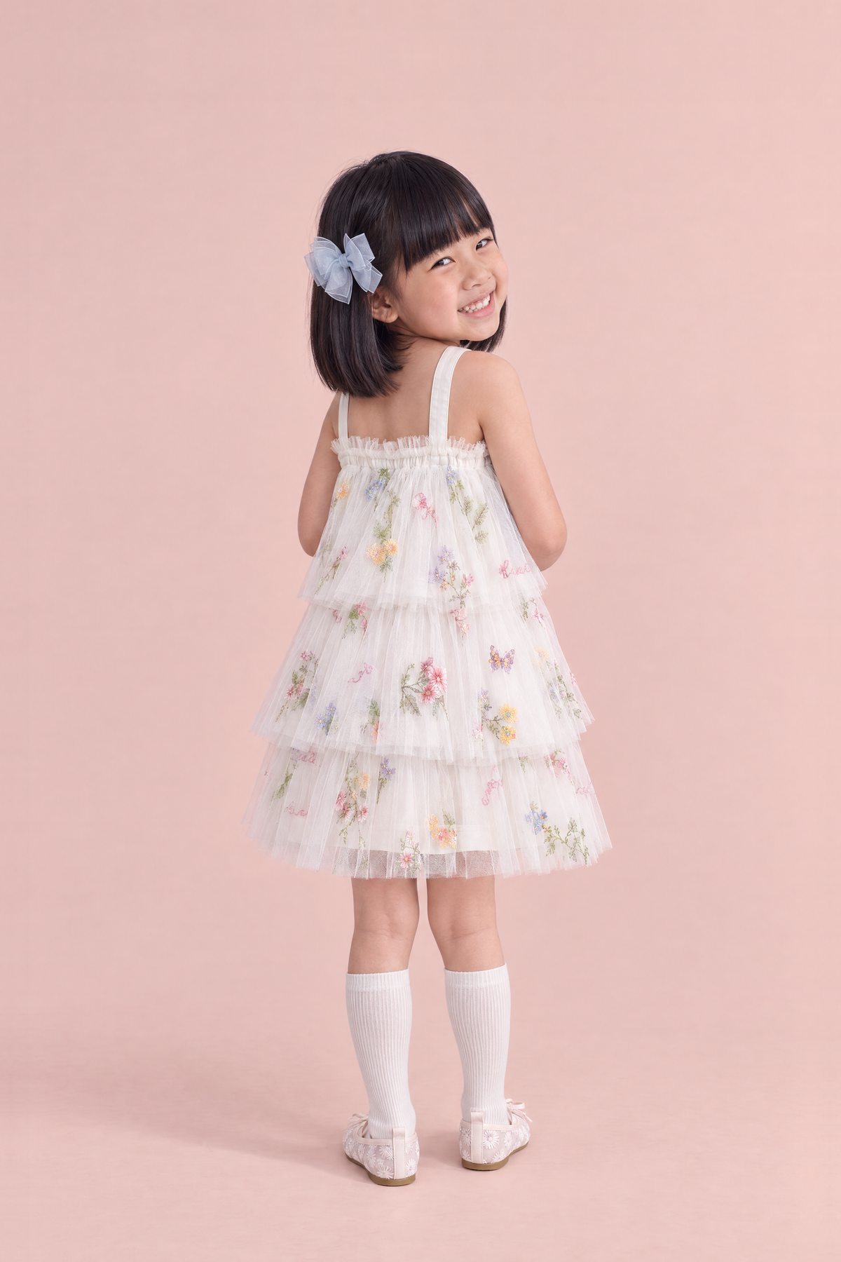 Flutter White Butterfly Flower Girl Dress, back, plain frilled edge and straps