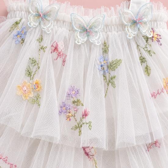 Flutter White Butterfly Flower Girl Dress, organza butterflies, frilled edge and embroidery, close up
