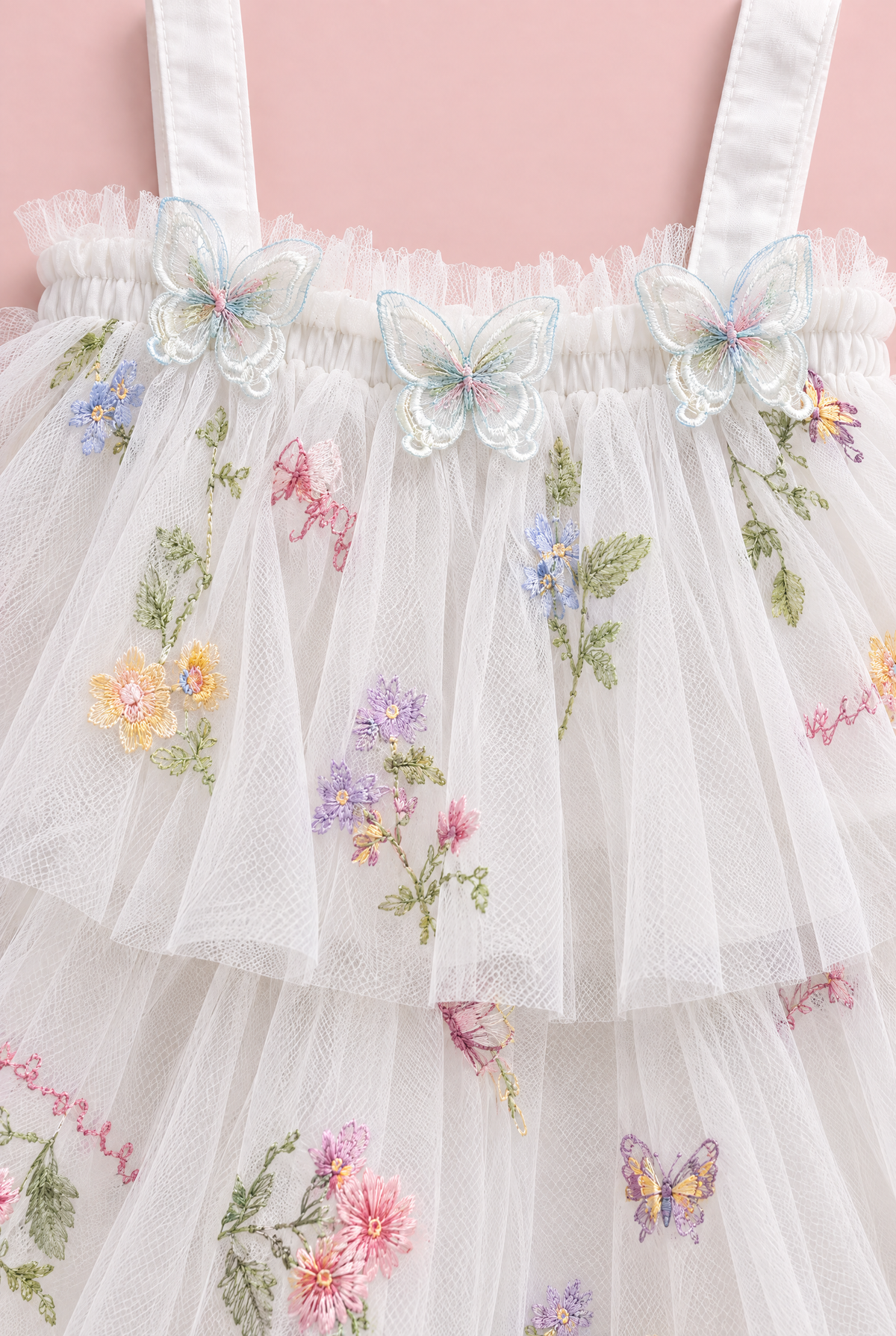 Flutter White Butterfly Flower Girl Dress, organza butterflies, frilled edge and embroidery, close up