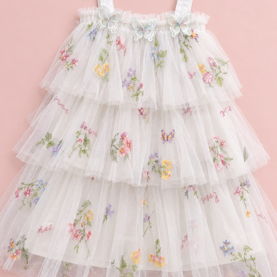 Flutter White Butterfly Flower Girl Dress, flat lay