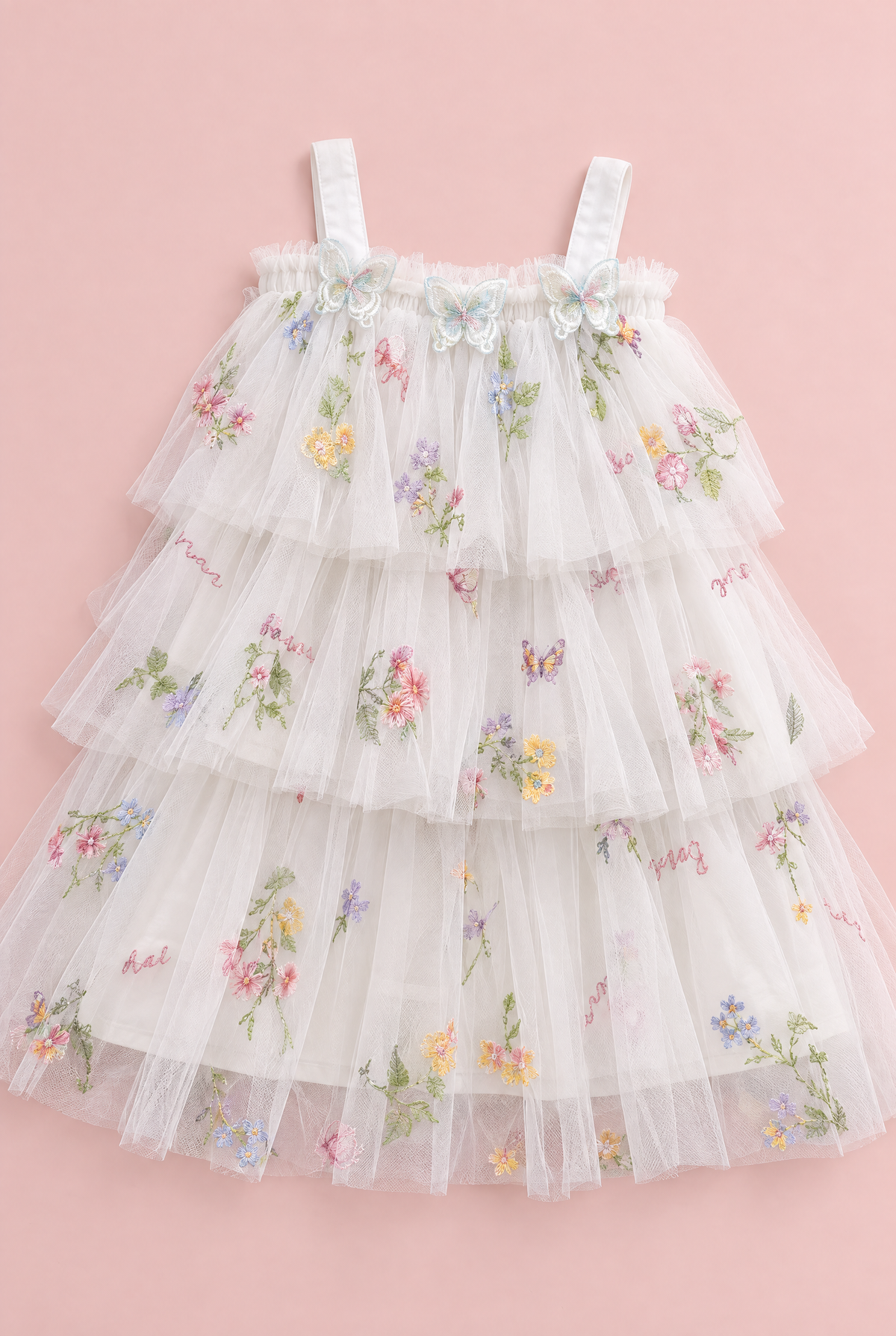 Flutter White Butterfly Flower Girl Dress, flat lay