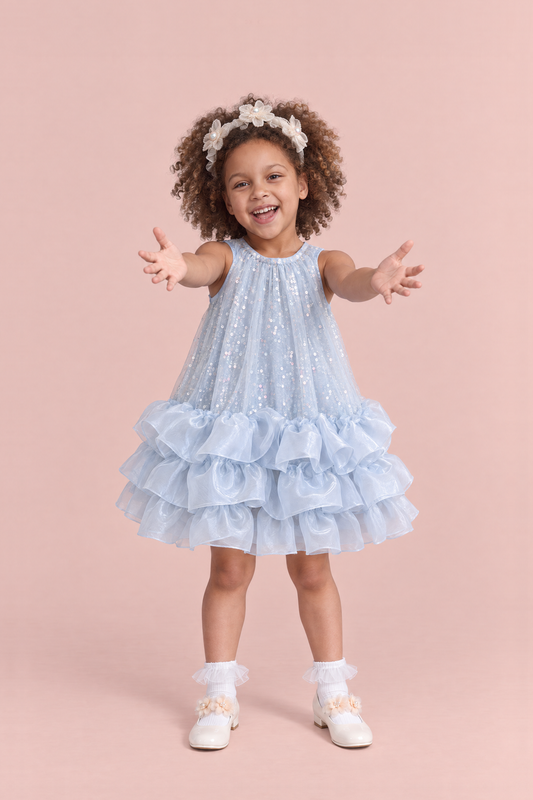 Girl wearing the Glacier Ice Blue Sequin Ruffle Party Dress, front, both arms reaching out to be picked up