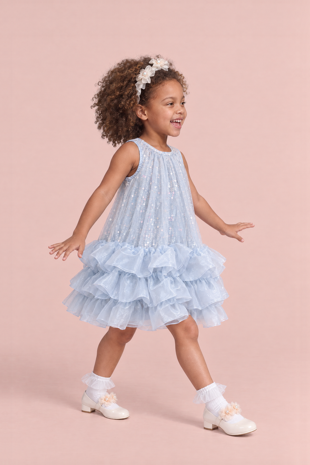 Glacier Ice Blue Sequin Ruffle Party Dress, three quarter view, taking a big step into the light