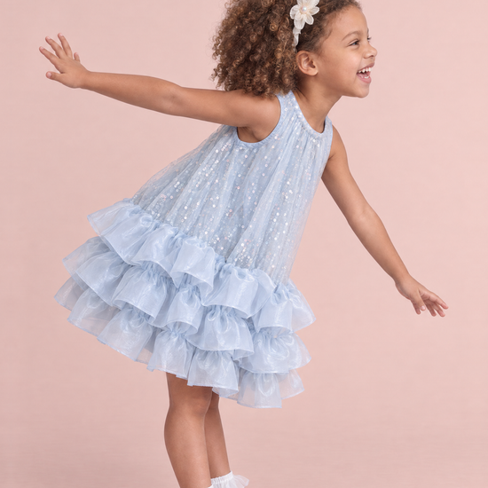 Glacier Ice Blue Sequin Ruffle Party Dress, side, taking a bow