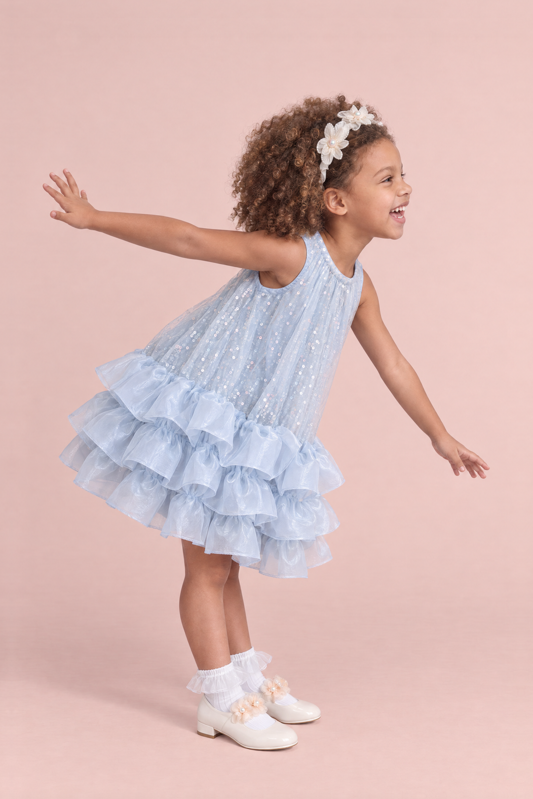 Glacier Ice Blue Sequin Ruffle Party Dress, side, taking a bow