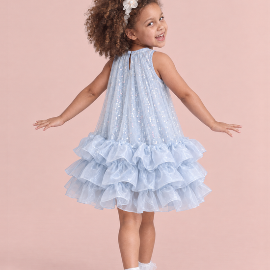 Glacier Ice Blue Sequin Ruffle Party Dress, back, balancing heel to toe, keyhole and button at the neck