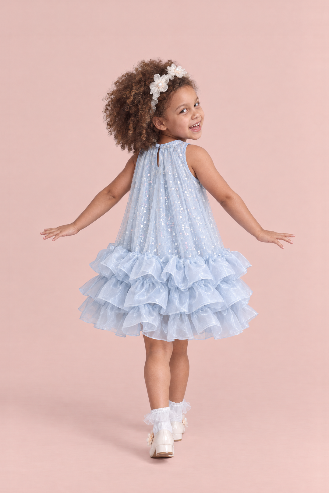 Glacier Ice Blue Sequin Ruffle Party Dress, back, balancing heel to toe, keyhole and button at the neck