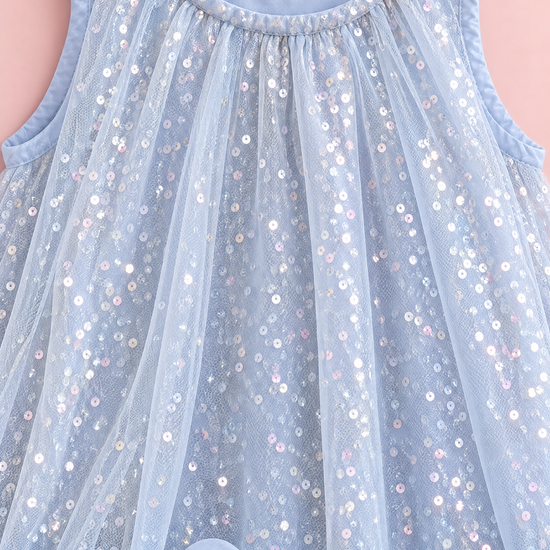 Glacier Ice Blue Sequin Ruffle Party Dress, sequin tulle and neck band, close up