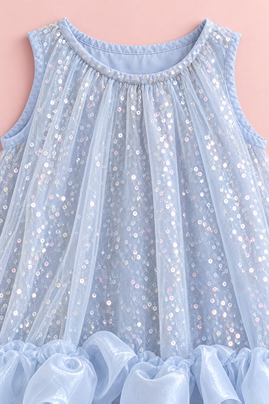 Glacier Ice Blue Sequin Ruffle Party Dress, sequin tulle and neck band, close up
