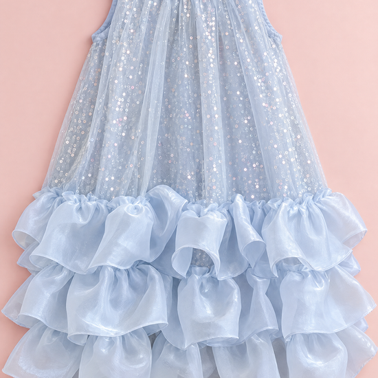 Glacier Ice Blue Sequin Ruffle Party Dress, flat lay