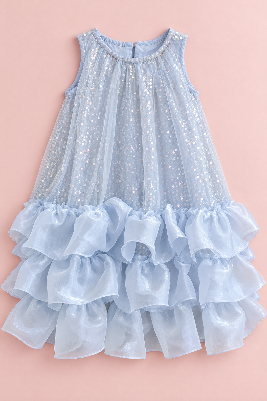 Glacier Ice Blue Sequin Ruffle Party Dress, flat lay