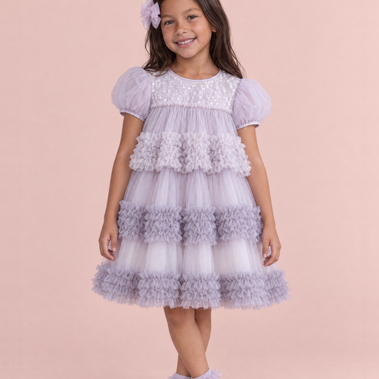 Girl wearing the Heather Lilac Sequin Tulle Party Dress, front