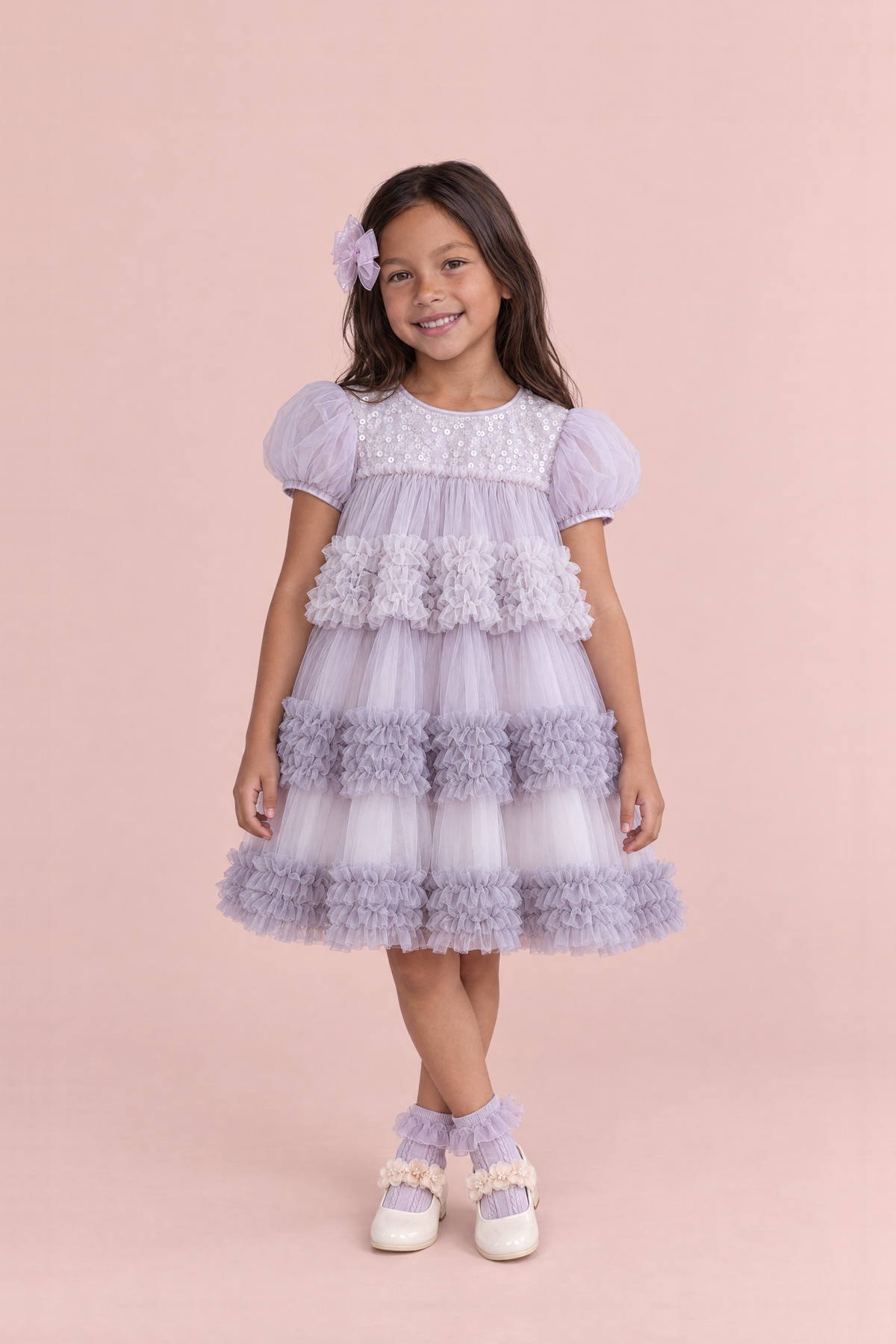 Girl wearing the Heather Lilac Sequin Tulle Party Dress, front