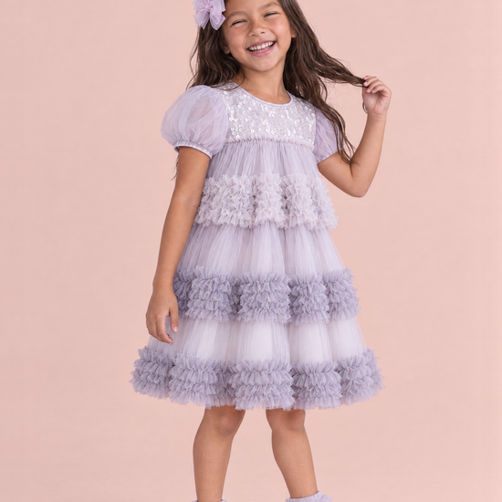 Heather Lilac Sequin Tulle Party Dress, three quarter, sequinned yoke and ruffle bands