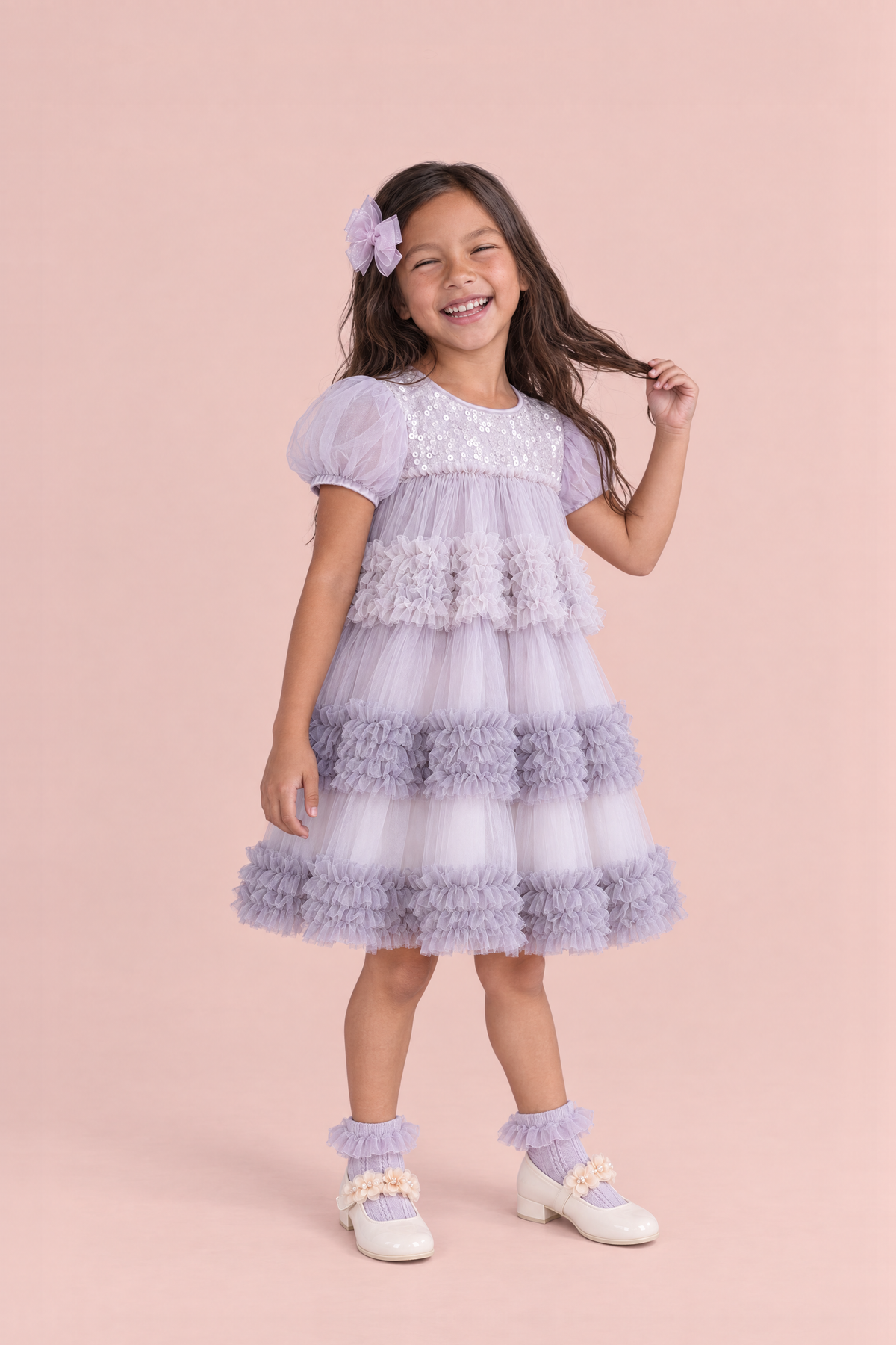Heather Lilac Sequin Tulle Party Dress, three quarter, sequinned yoke and ruffle bands