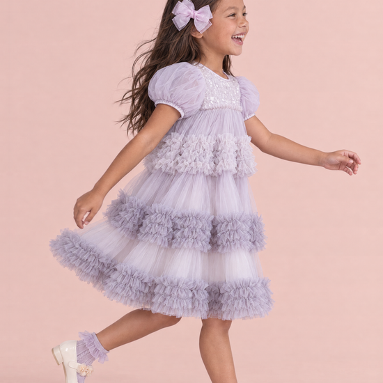Heather Lilac Sequin Tulle Party Dress, side, mid skip