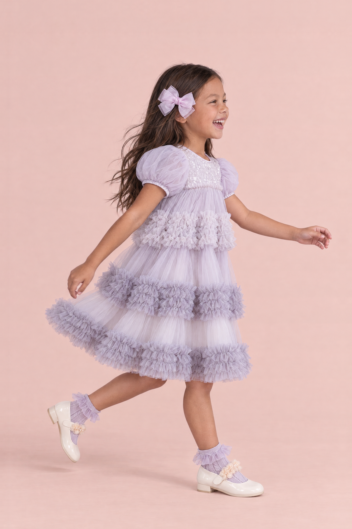 Heather Lilac Sequin Tulle Party Dress, side, mid skip