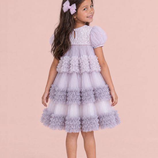 Heather Lilac Sequin Tulle Party Dress, back, keyhole and button