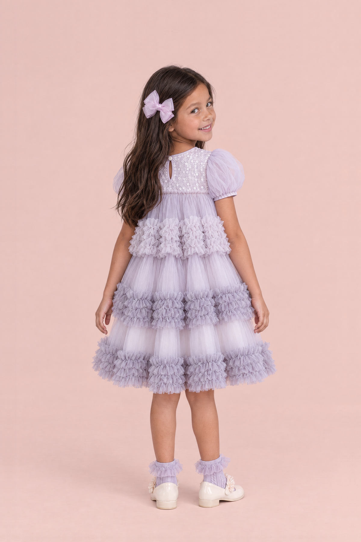 Heather Lilac Sequin Tulle Party Dress, back, keyhole and button