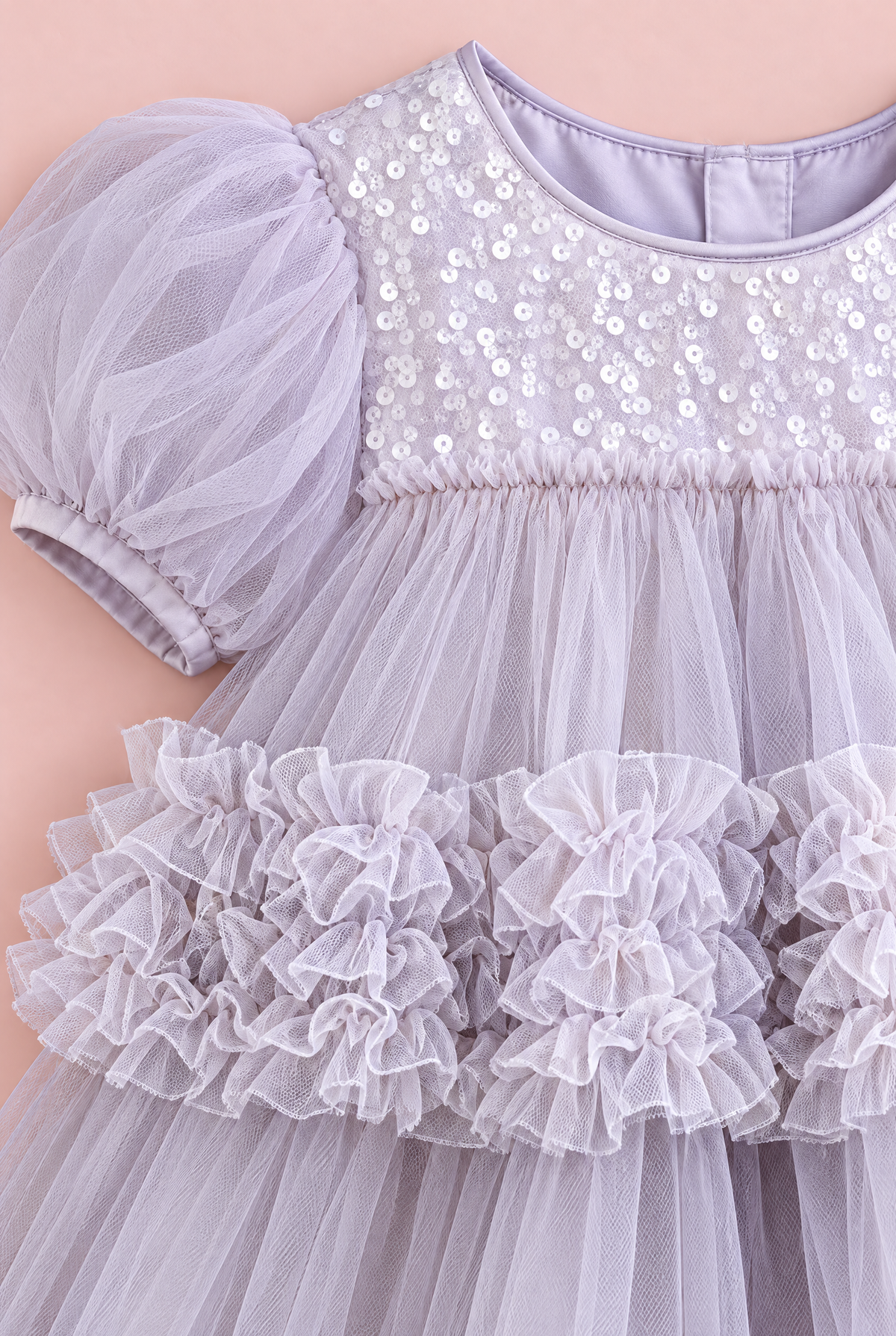Heather Lilac Sequin Tulle Party Dress, sequinned yoke, puff sleeve and ruffle band, close up