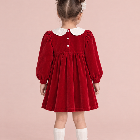 Holly Red Velvet Christmas Dress, back view with the three white buttons at the neck
