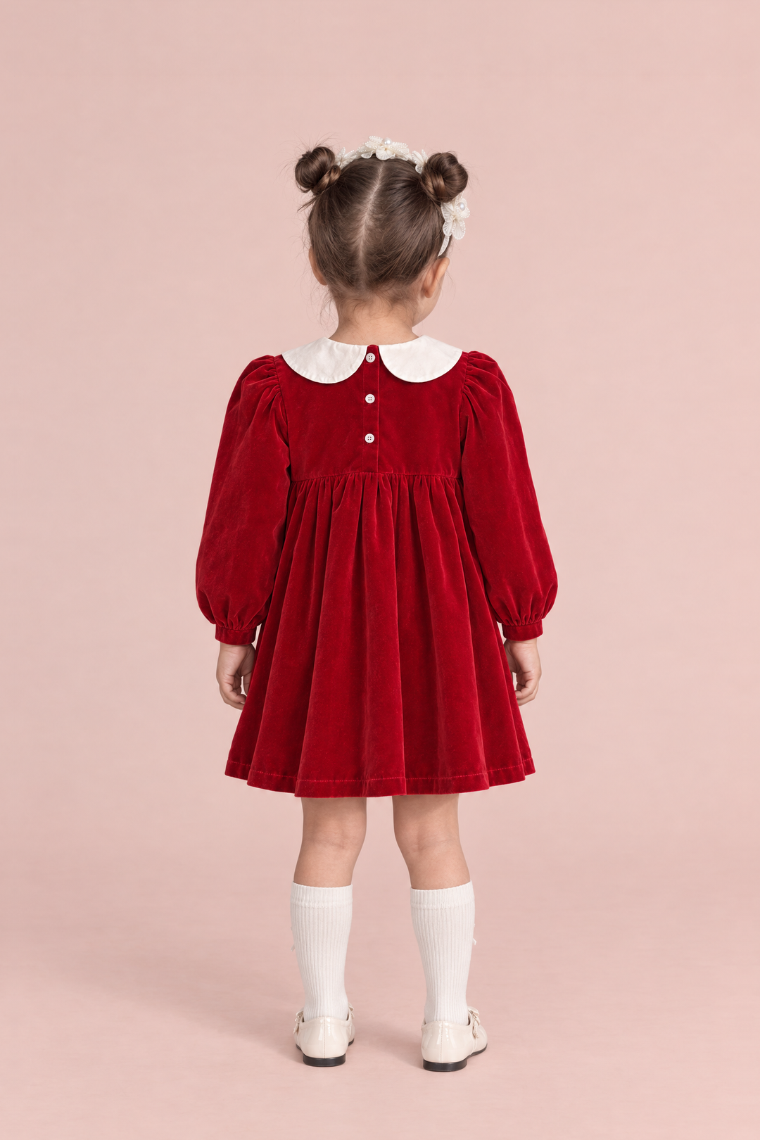Holly Red Velvet Christmas Dress, back view with the three white buttons at the neck