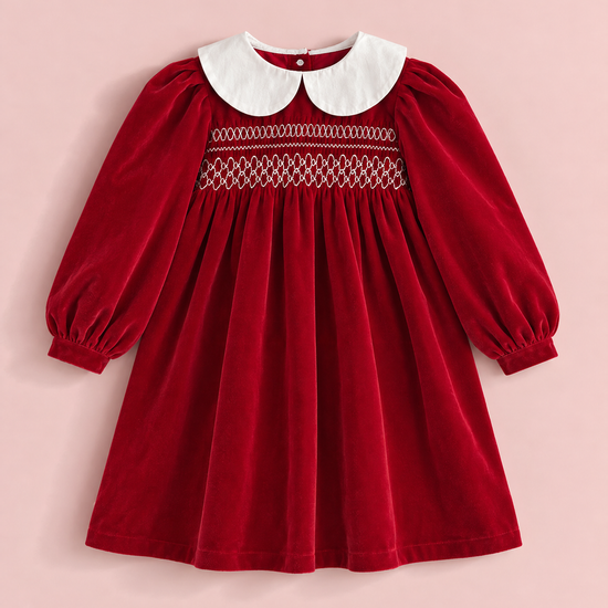 Holly Red Velvet Christmas Dress laid flat, front view