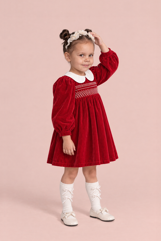 Holly Red Velvet Christmas Dress, three quarter view, one hand on her headband, showing the puff sleeves and the embroidered smocking