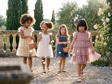 Four flower girls in tulle dresses walking and scattering petals in a sunlit garden