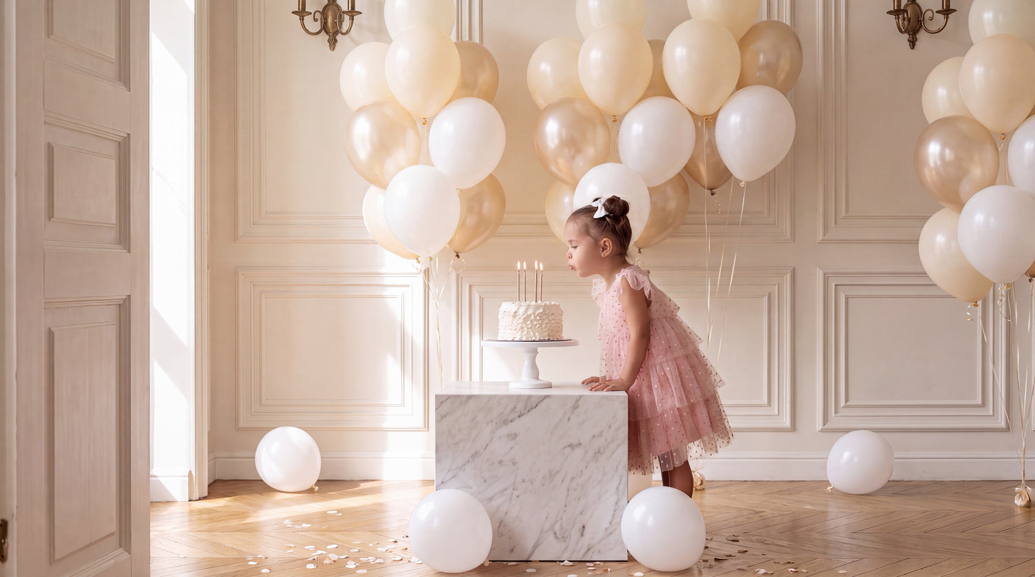 Little girl in a pink tulle dress blowing out birthday candles surrounded by cream balloons