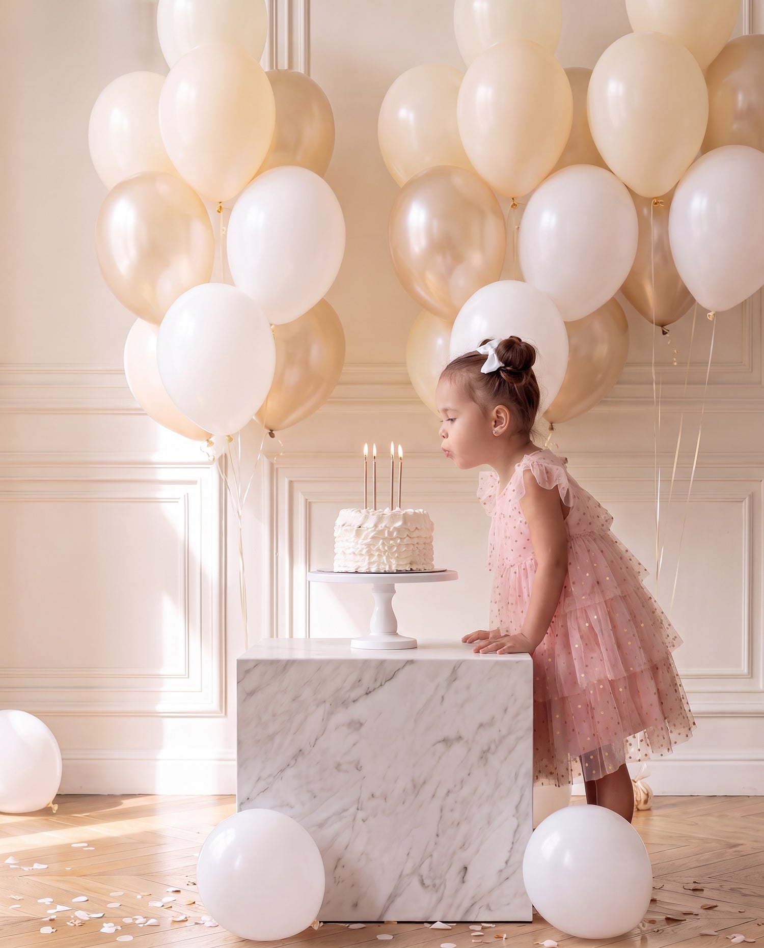 Little girl in a pink tulle dress blowing out birthday candles, mobile crop