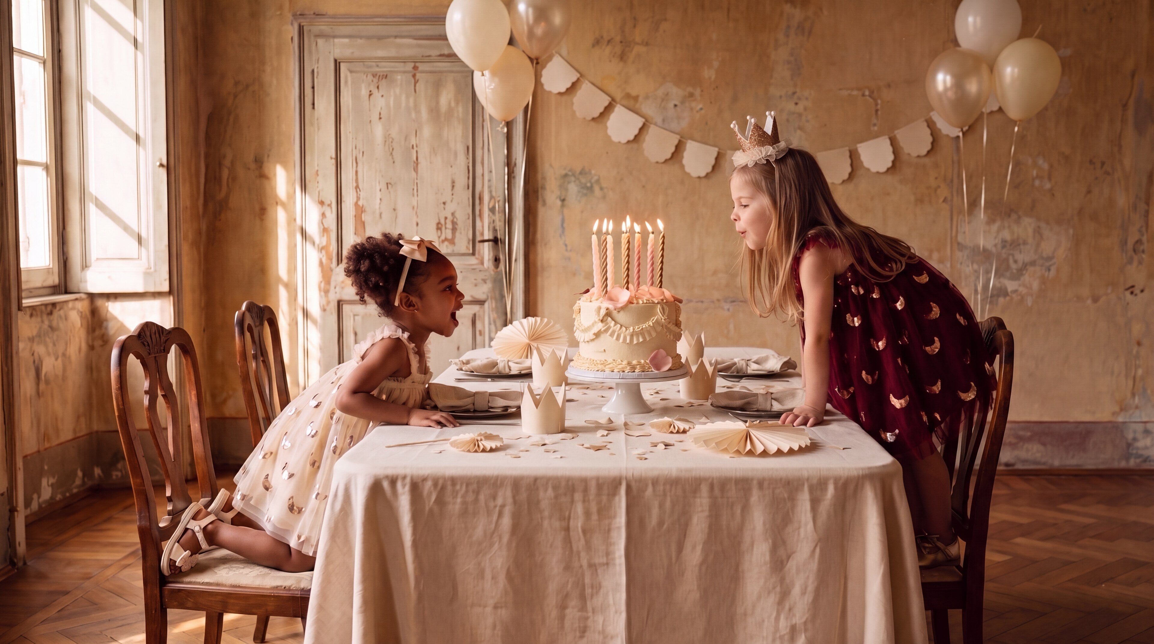 Two little girls in tulle party dresses blowing out birthday candles