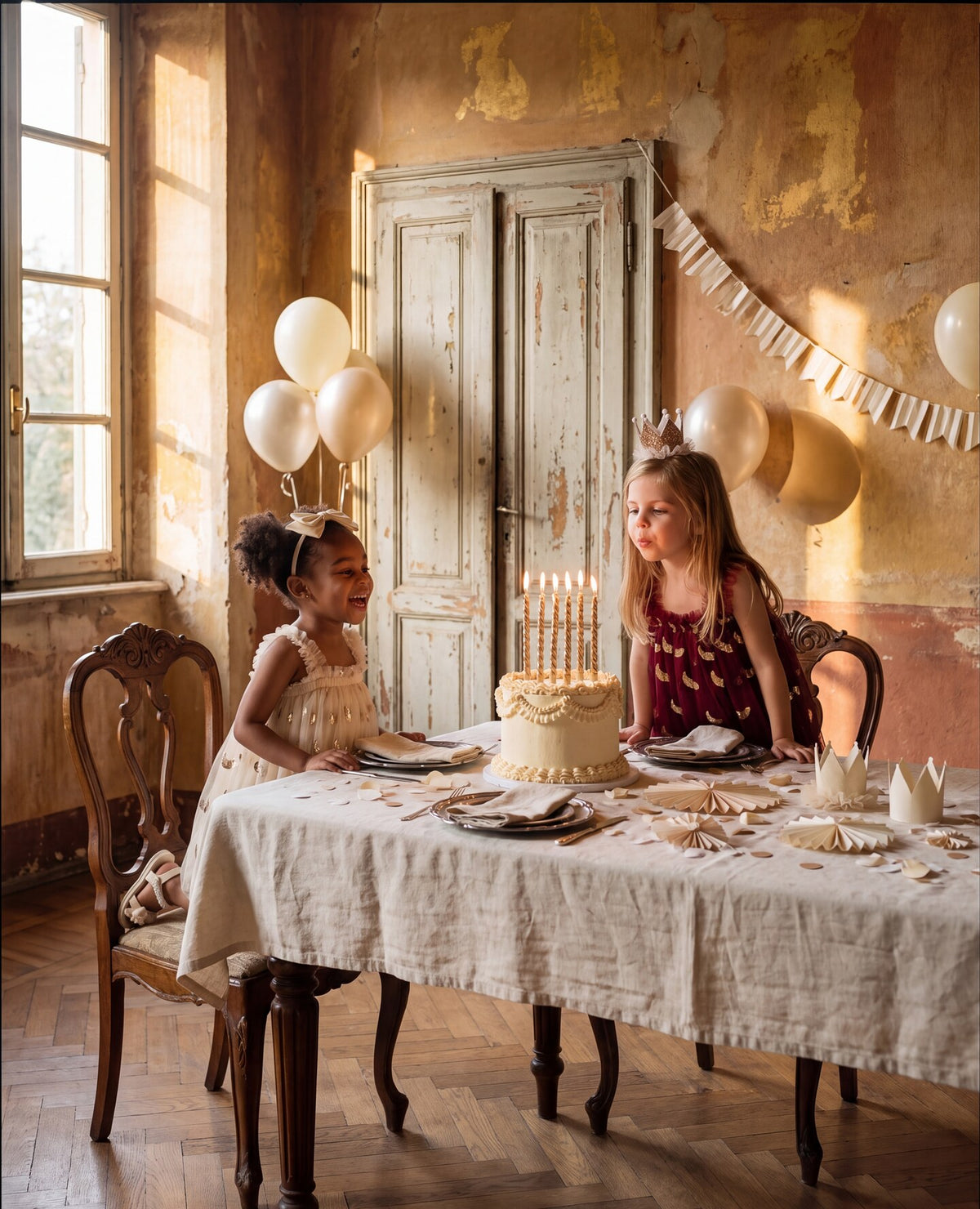 Two little girls in tulle party dresses blowing out birthday candles