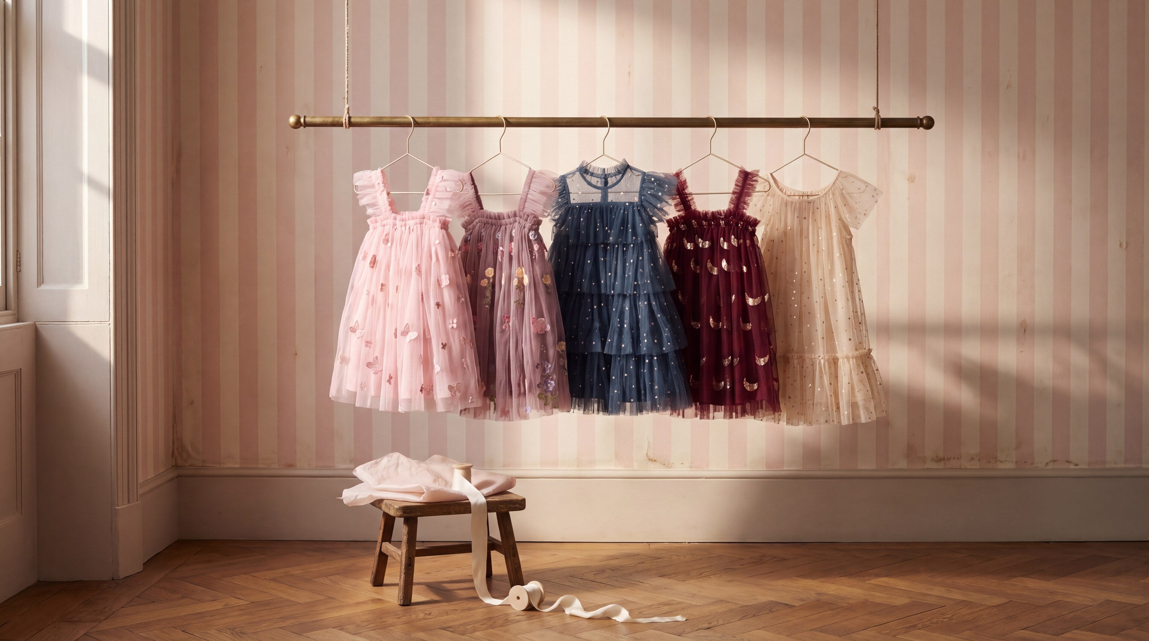 Five K for Kaia girls tulle dresses hanging on a brass rail