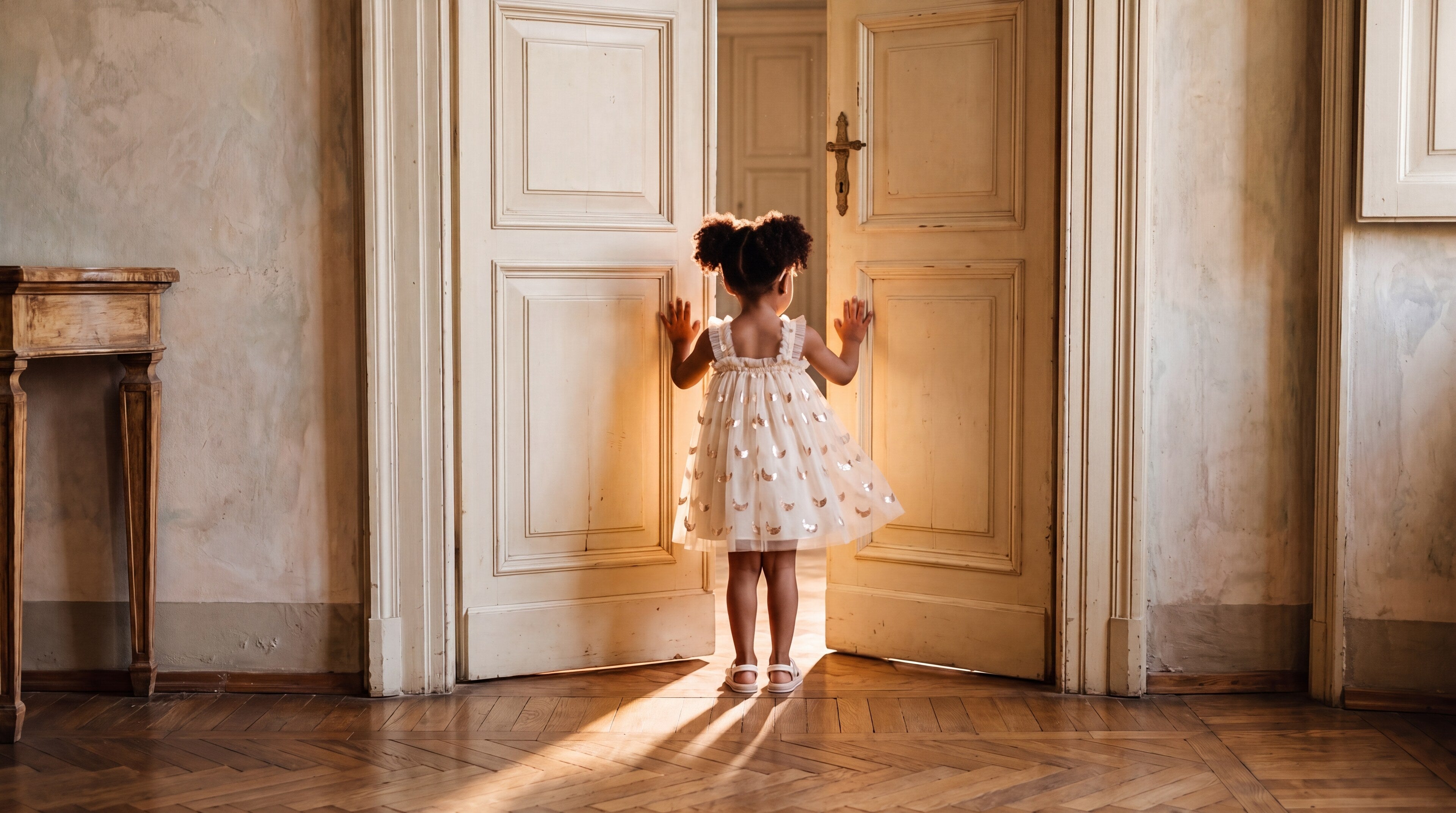 Little girl in a cream tulle party dress pushing open tall panelled doors
