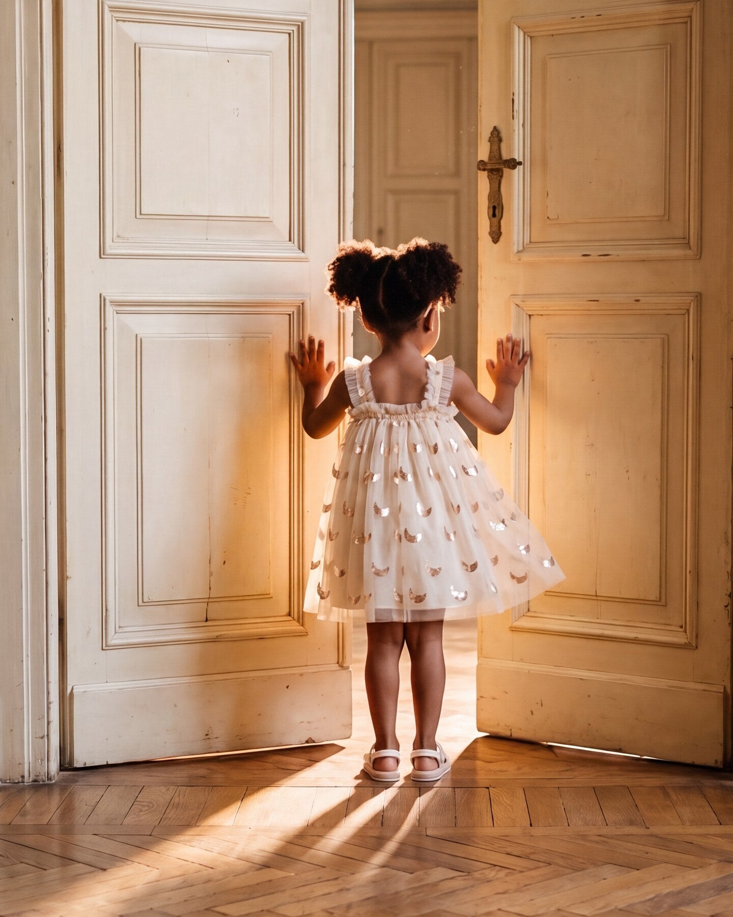 Little girl in a cream tulle party dress pushing open tall panelled doors