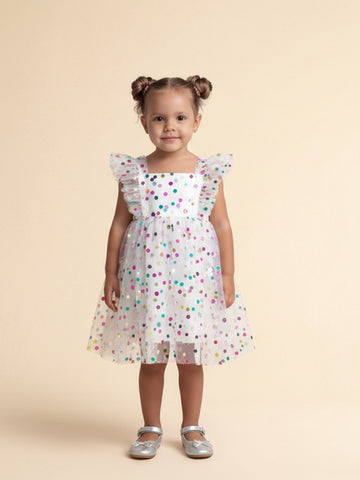 Girl in sequin dot tulle sundress