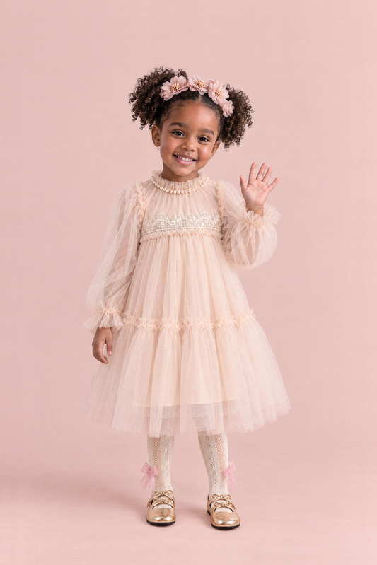 Girl wearing the Magnolia Champagne Long Sleeve Flower Girl Dress, front