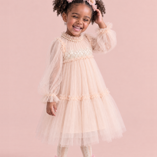 Magnolia Champagne Long Sleeve Flower Girl Dress, three quarter, pearl collar and lace band