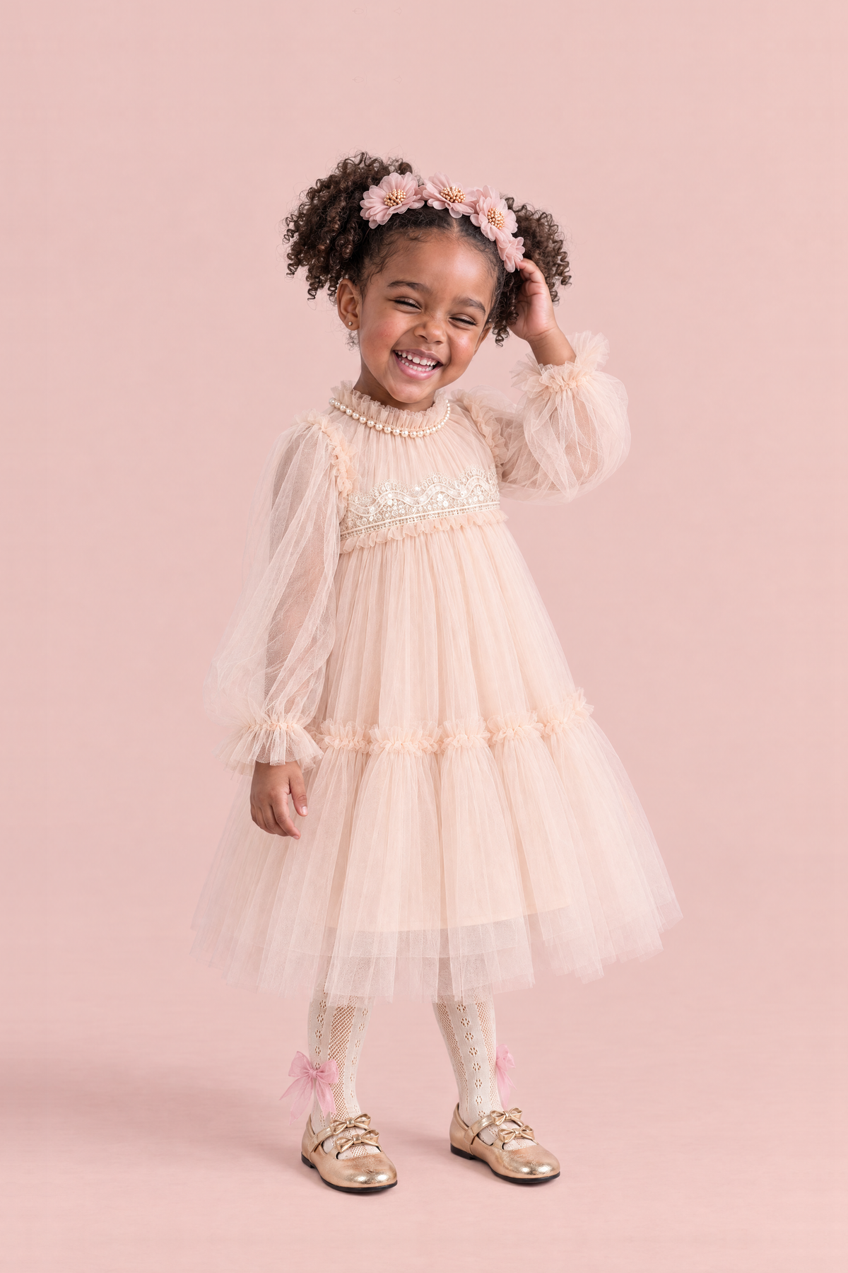 Magnolia Champagne Long Sleeve Flower Girl Dress, three quarter, pearl collar and lace band